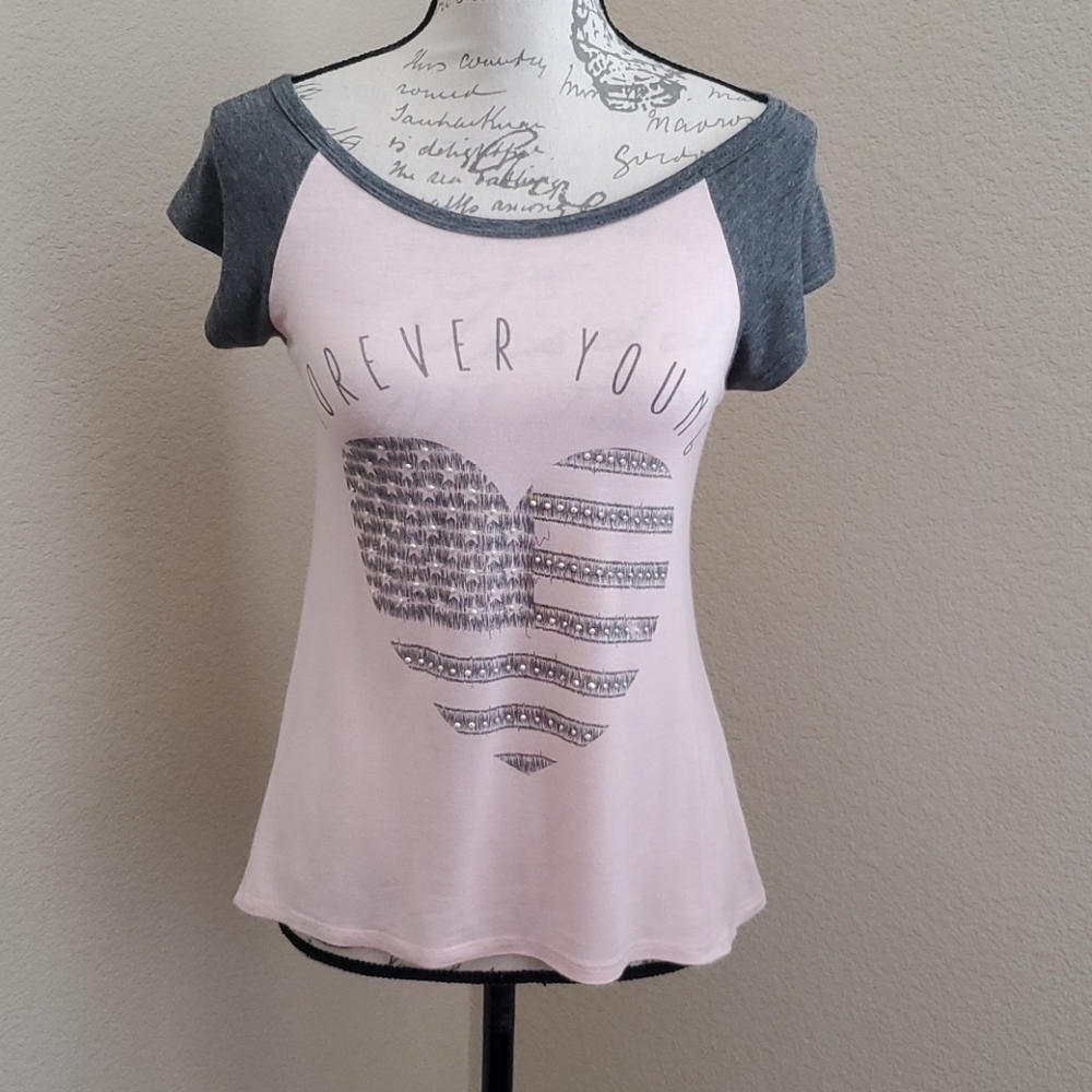 Pink and grey cap sleeve rhinestone top